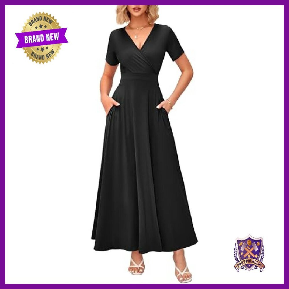 Women's Summer Maxi Dress Wrap V Neck Short Sleeves with Pockets - Picture 2 of 6